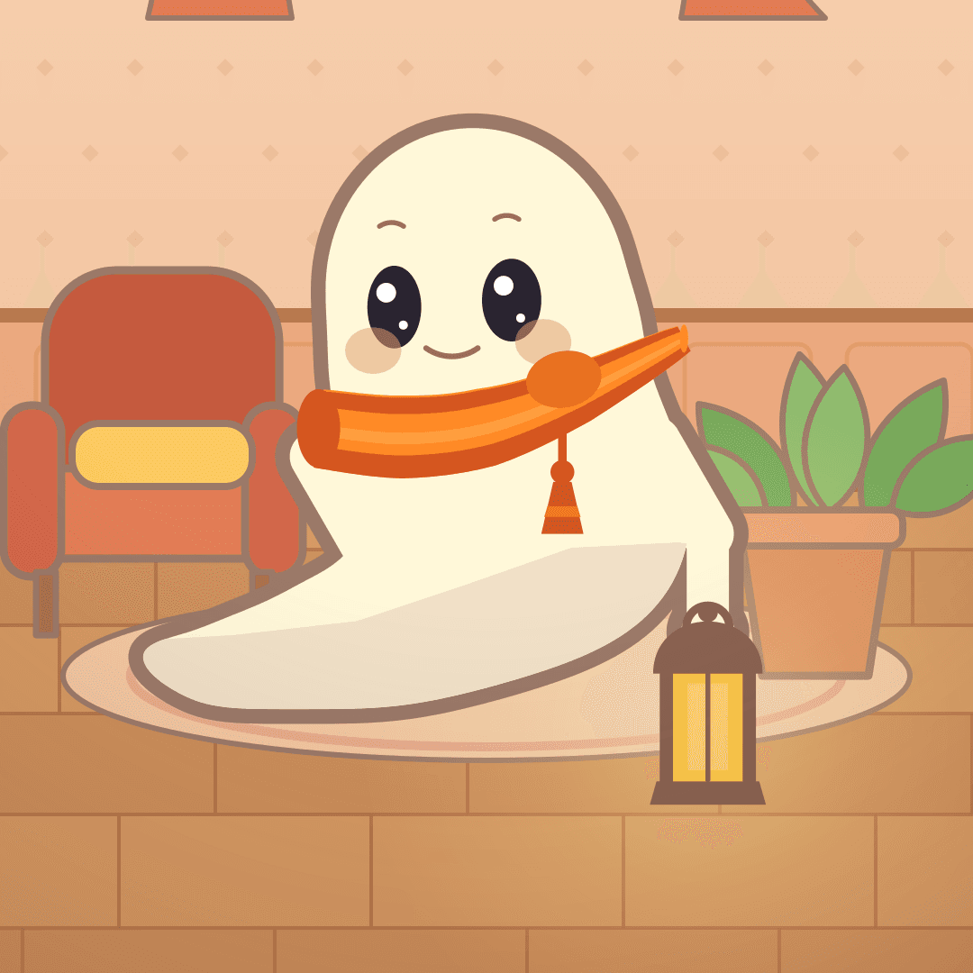 Pip in the living room with big eyes and a tight smile, absolutely fine