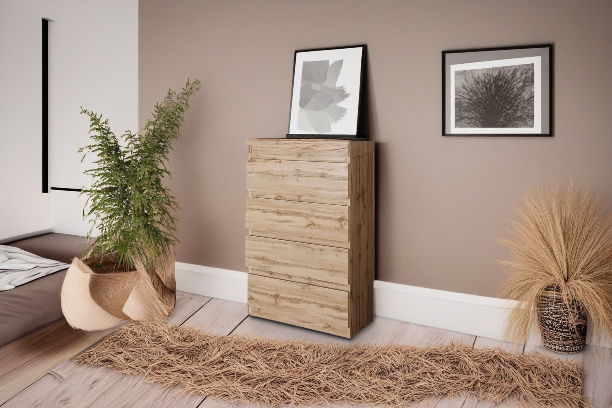 Smalle ladekast van 60 cm breed in Wotan eiken tegen de muur