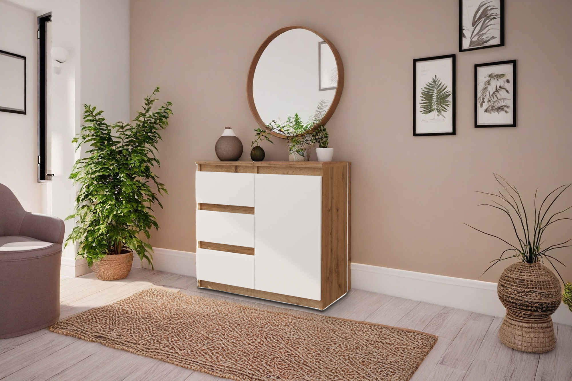 Commode met Wotan eiken korpus en mat witte fronten in een lichte kamer