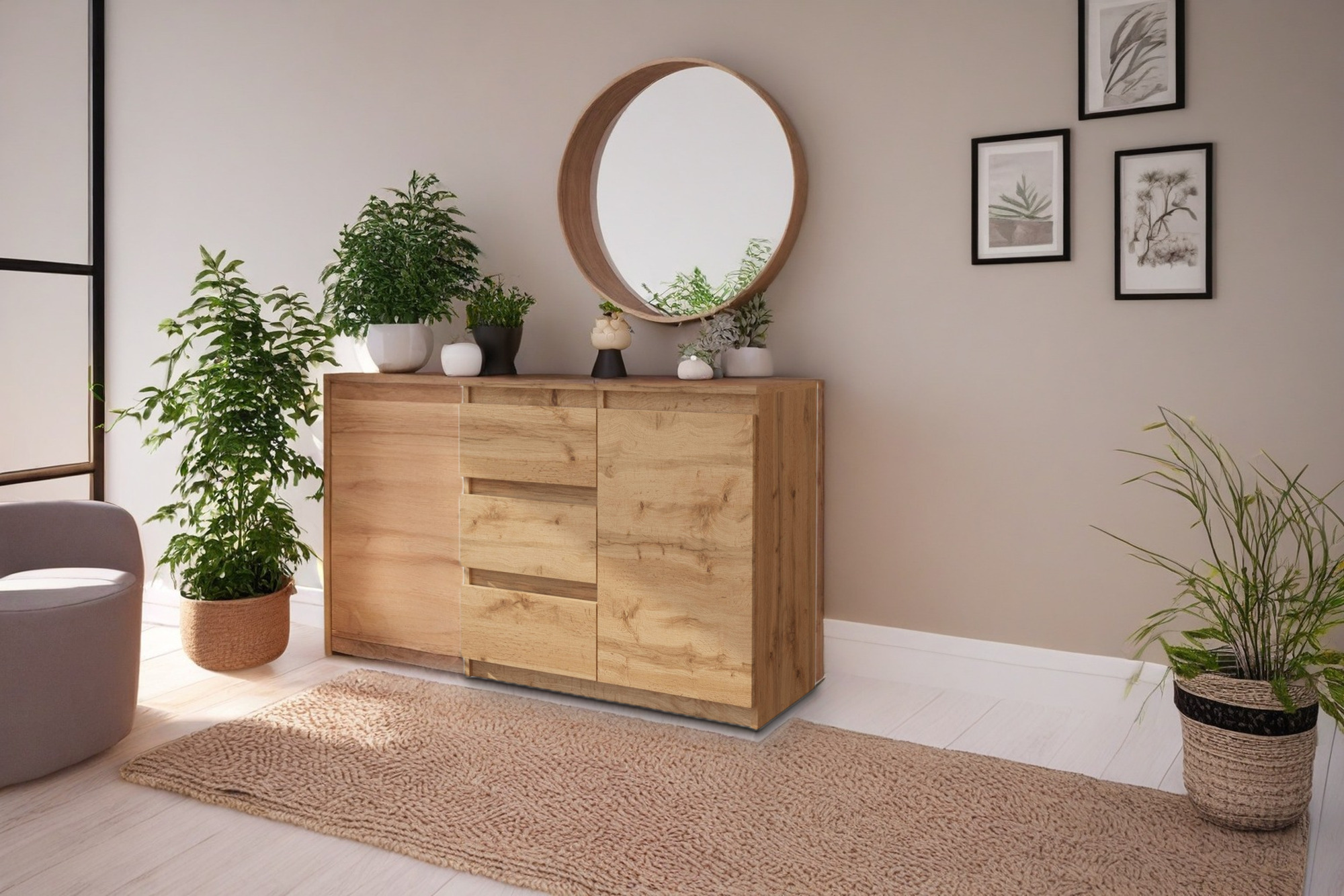 Commode met drie lades en een deur in Wotan eiken