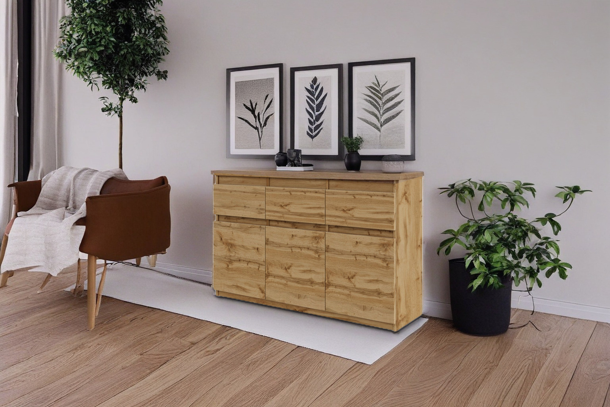 Dressoir van 120 cm breed in Wotan eiken in een woonkamer